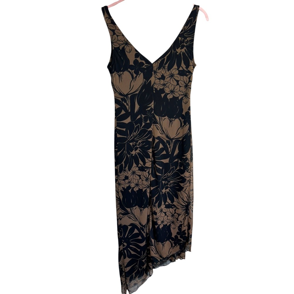 Ruby Rox Floral Midi Dress Womens Sz M Brown Asymmetrical Mesh Y2K Empire Waist